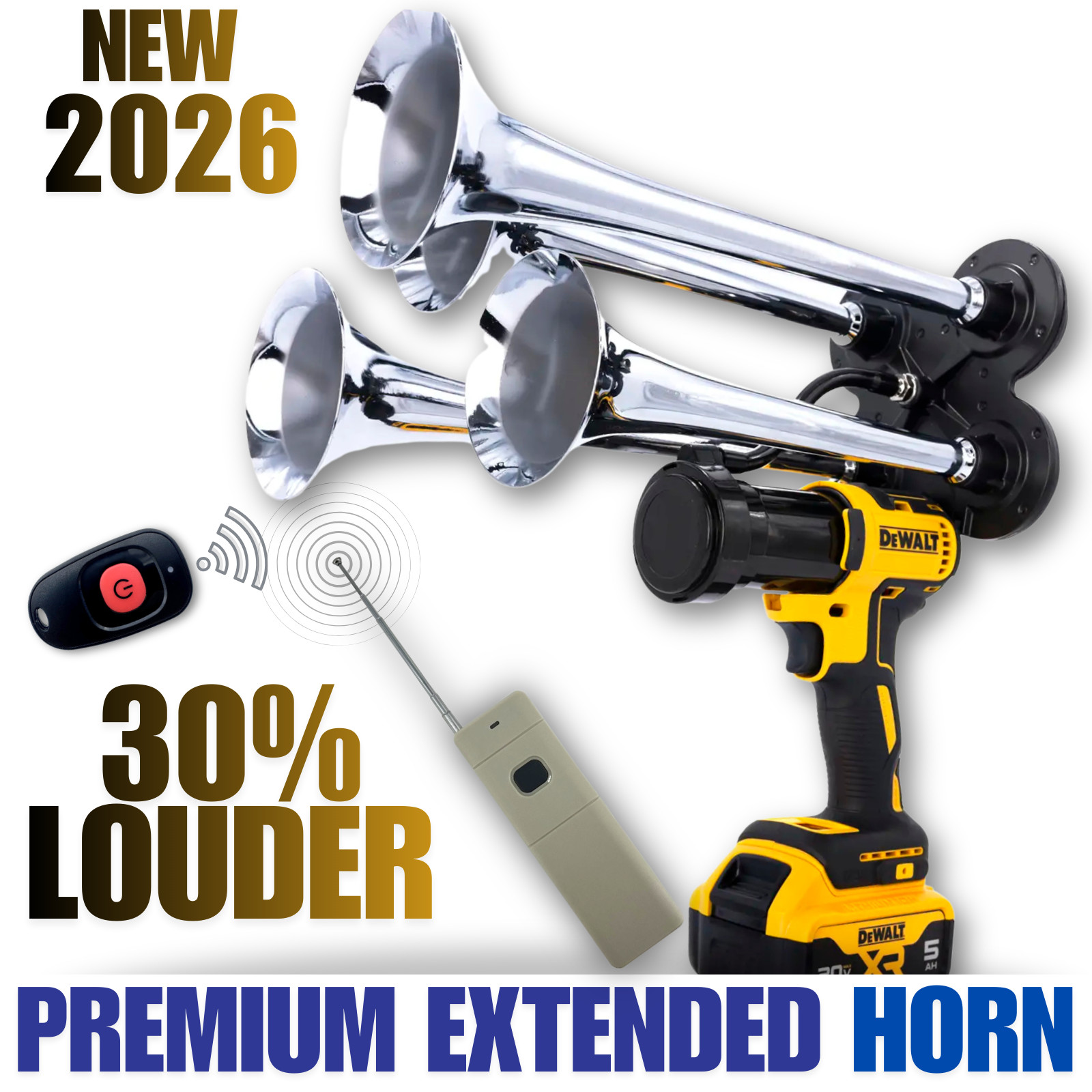 DeWalt Premium Chrome Train Horn, Long Range (2000ft) Remote, Extended Trumpets