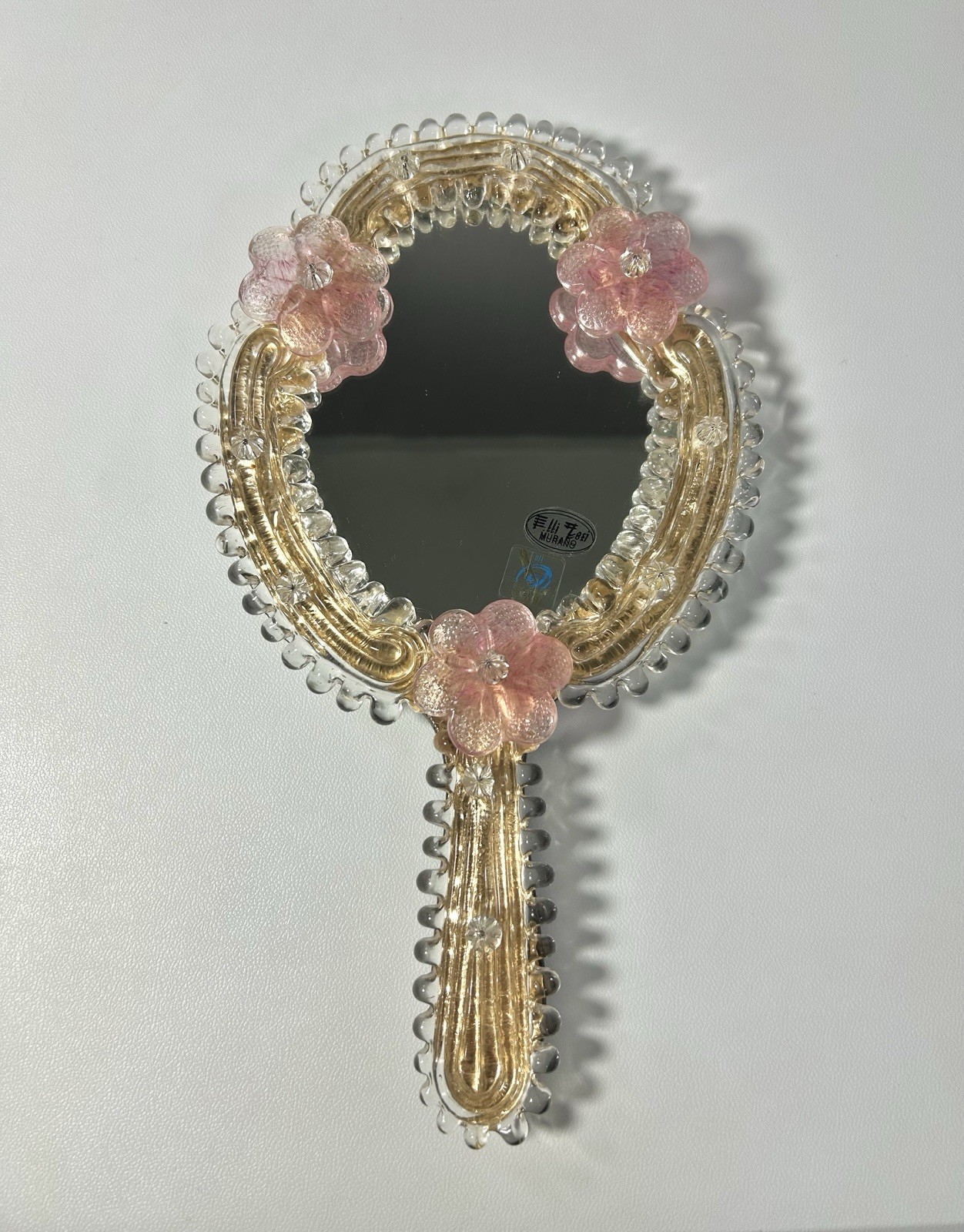Vintage Venetian Murano Glass Hand Mirror with Pink Glass Flower Trim Wood Back
