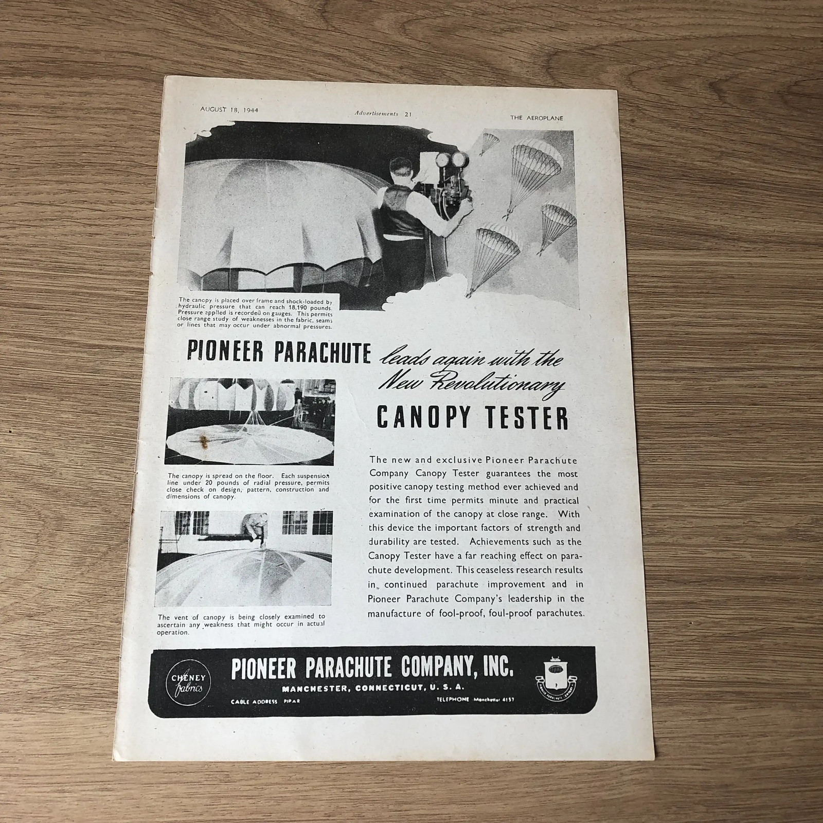 SAIR50 MAGAZINE ADVERT 11X8 PIONEER PARACHUTE CANOPY TESTER