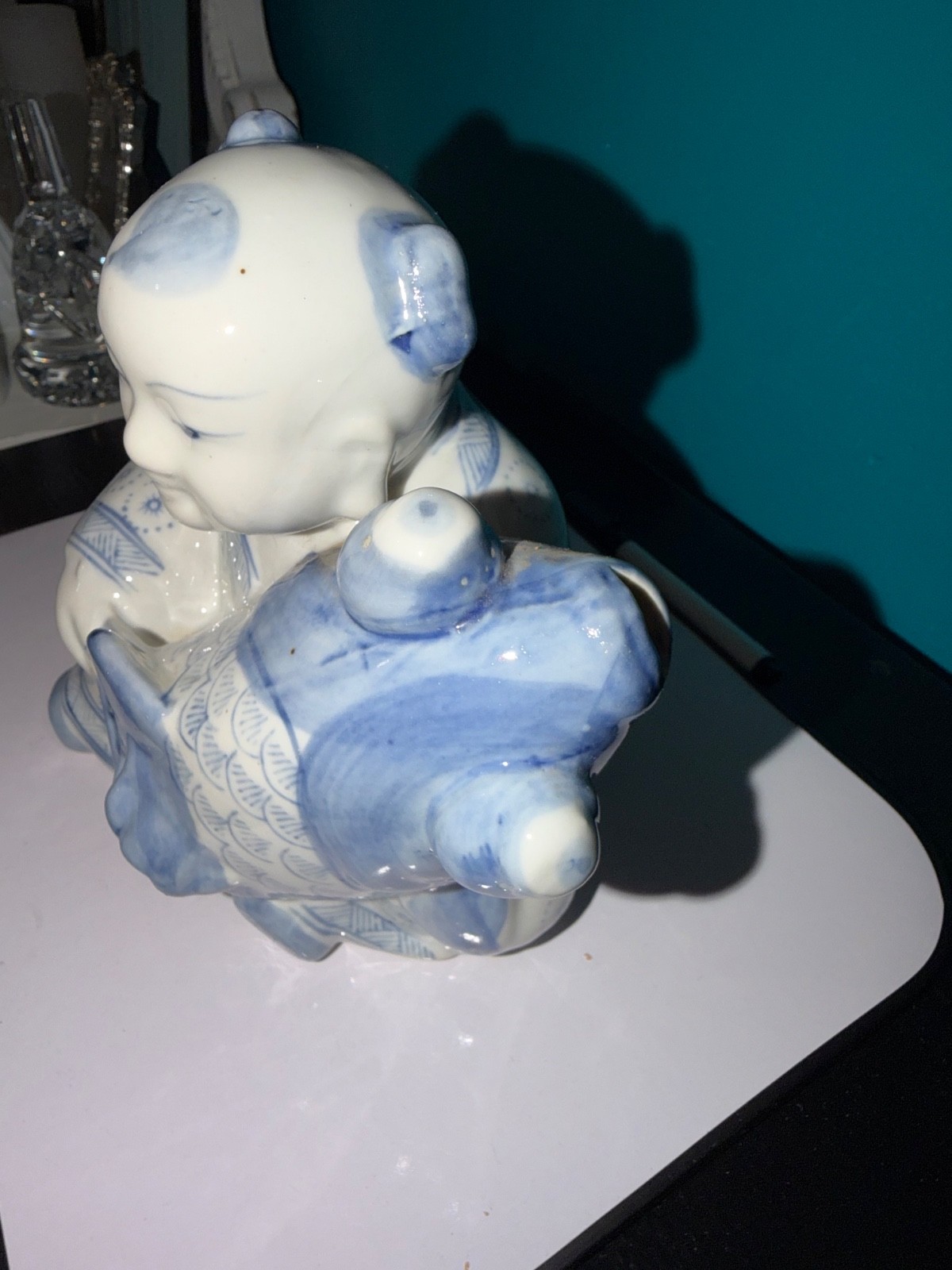Vintage Blue Asian Chinese Boy Koi Fish Ceramic Porcelain Statue 