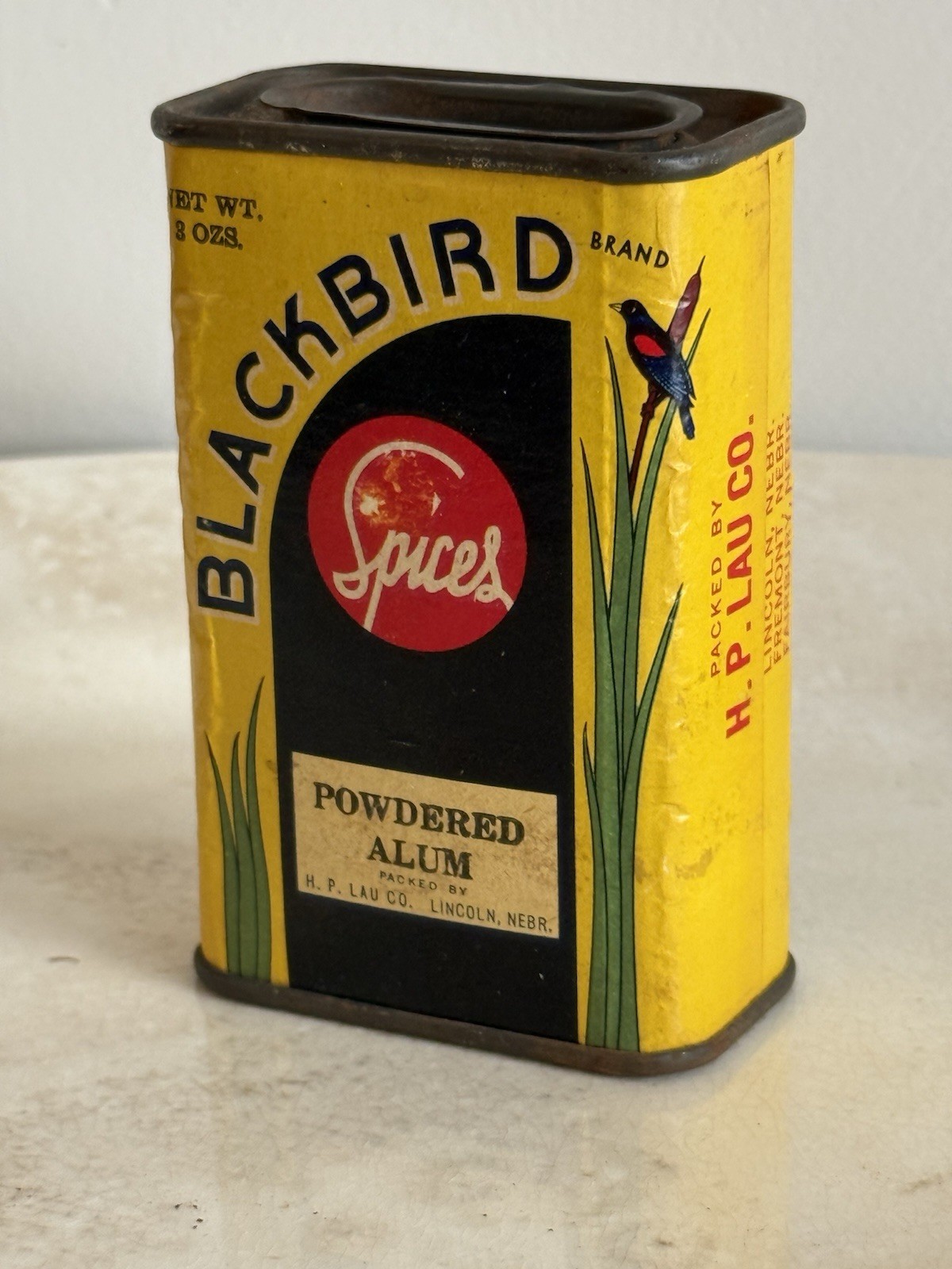 Vintage Blackbird Powdered Alum 3 Oz Spice Tin Full w/ Contents H.P. Lau Co.