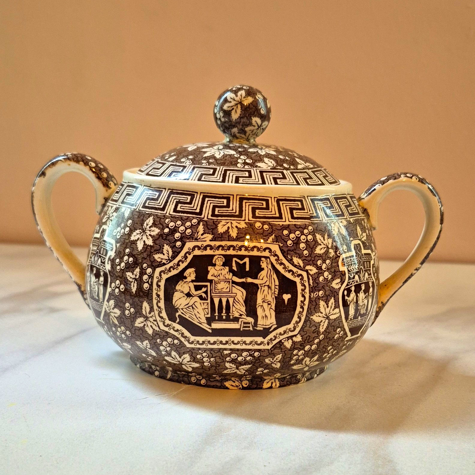 RARE Copeland Spode England Brown 'Greek' Pattern Sugar Bowl c1910