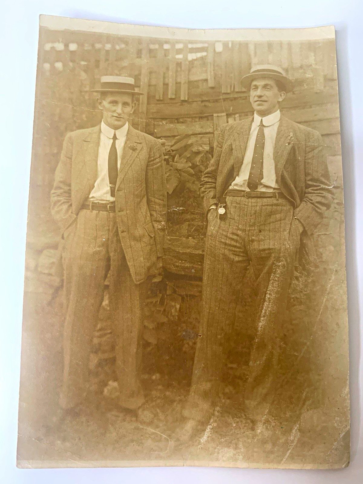 Vtg Sepia Photo men suits & boater hats 1920s 1930s dapper fashion handsome cute