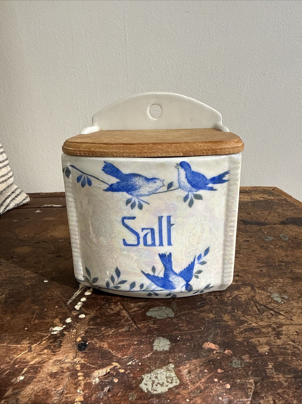 Vintage German Lusterware Salt Box with Wooden Lid  Porcelain Wall Hanging Birds
