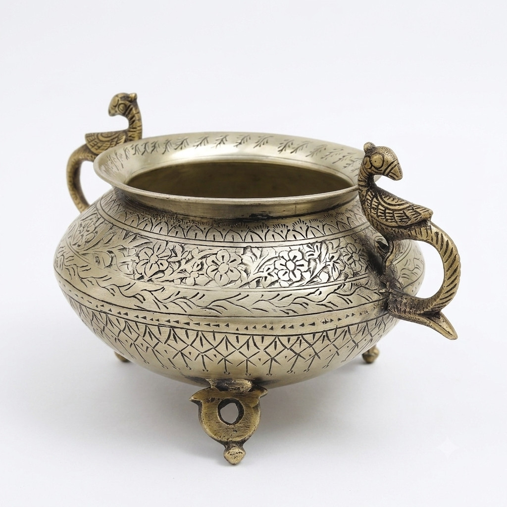 Vintage/Antique Engraved Brass Pot with Bird Handles & Legs