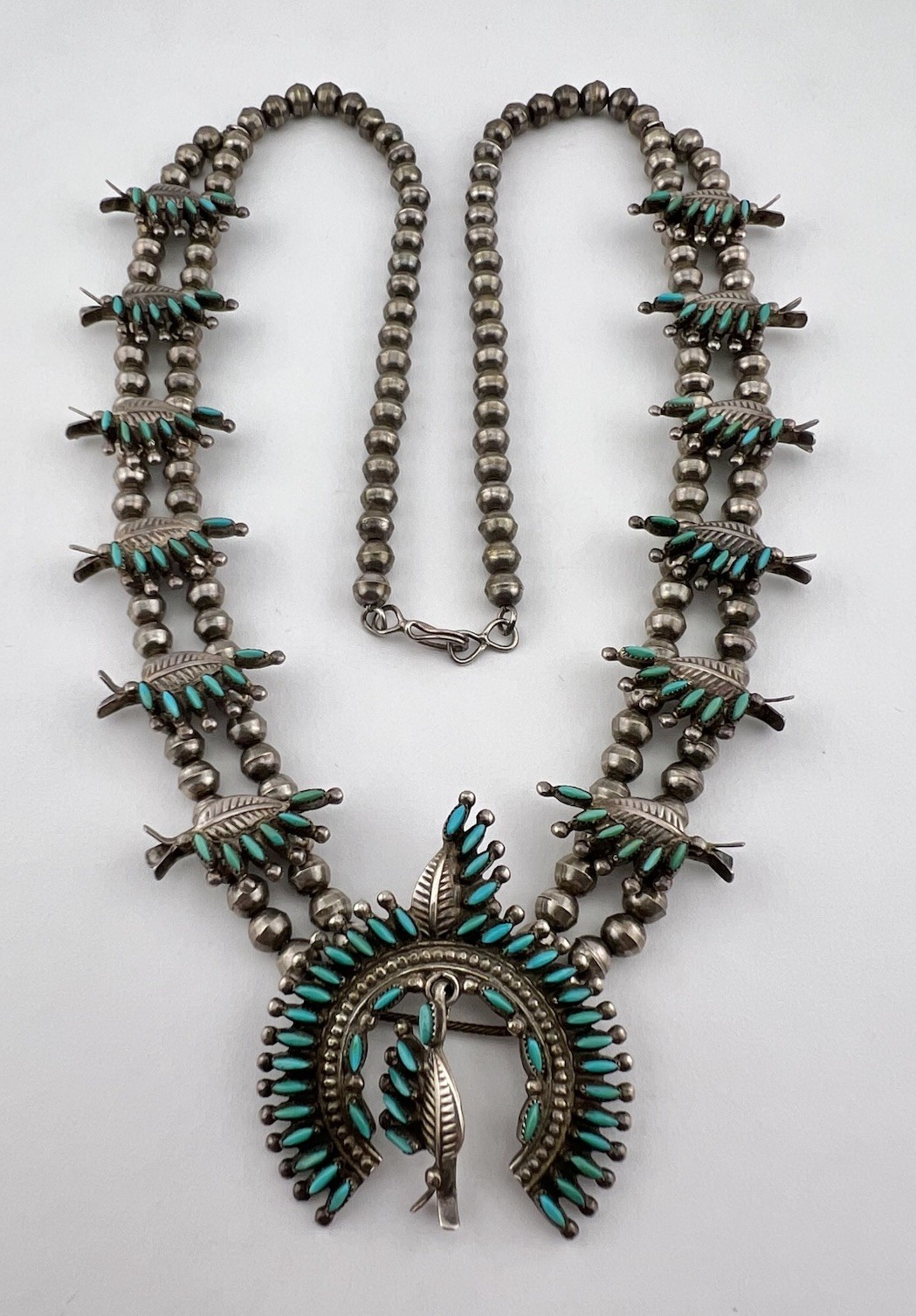 Vintage Zuni Sterling Silver Needlepoint Turquoise Squash Blossom Mini Necklace