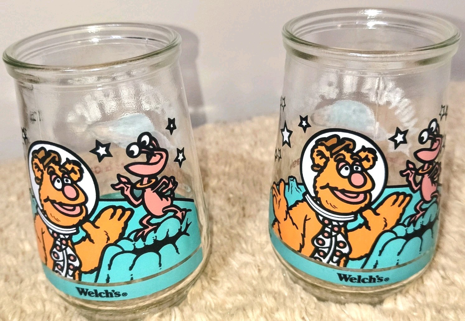 LN Set of (2) 1998 Jim Henson/Muppets In Space Fozzie/Rizzo 6oz Glass Jelly Jars