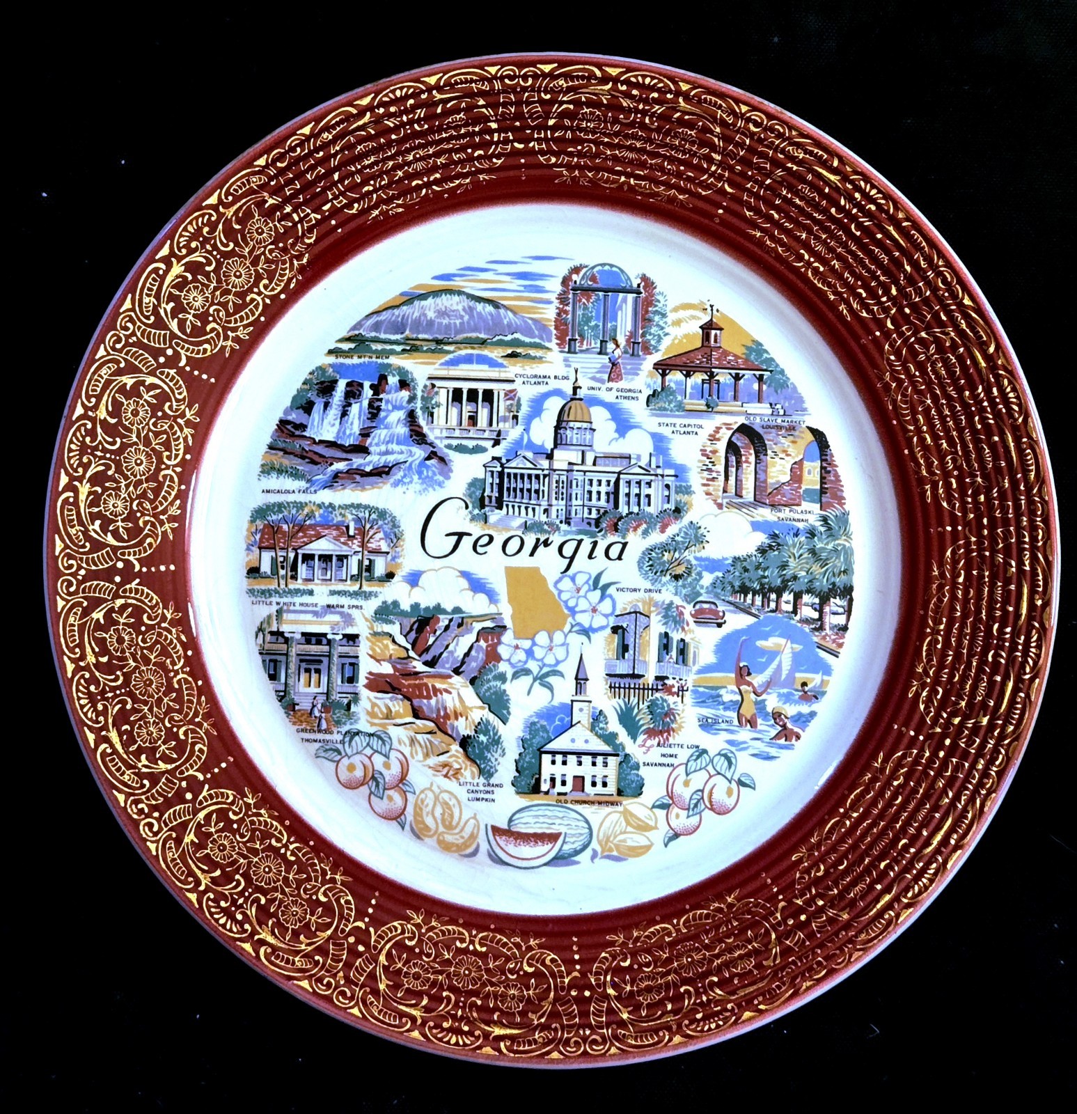 Vintage Georgia State Souvenir Collector Plate Maroon 22k Gold Lace Rim 9.25\