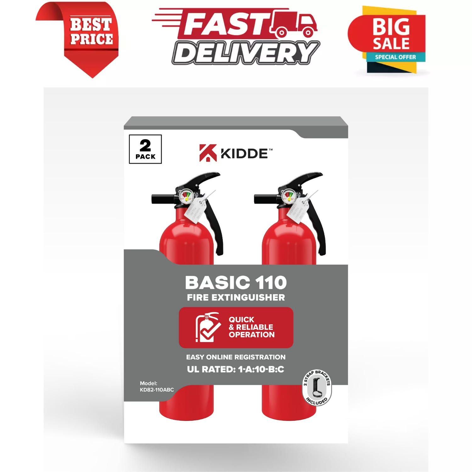 (2 Pack) Kidde Basic Fire Extinguisher for Home, Residential 1A10BC, 2.5 lbs