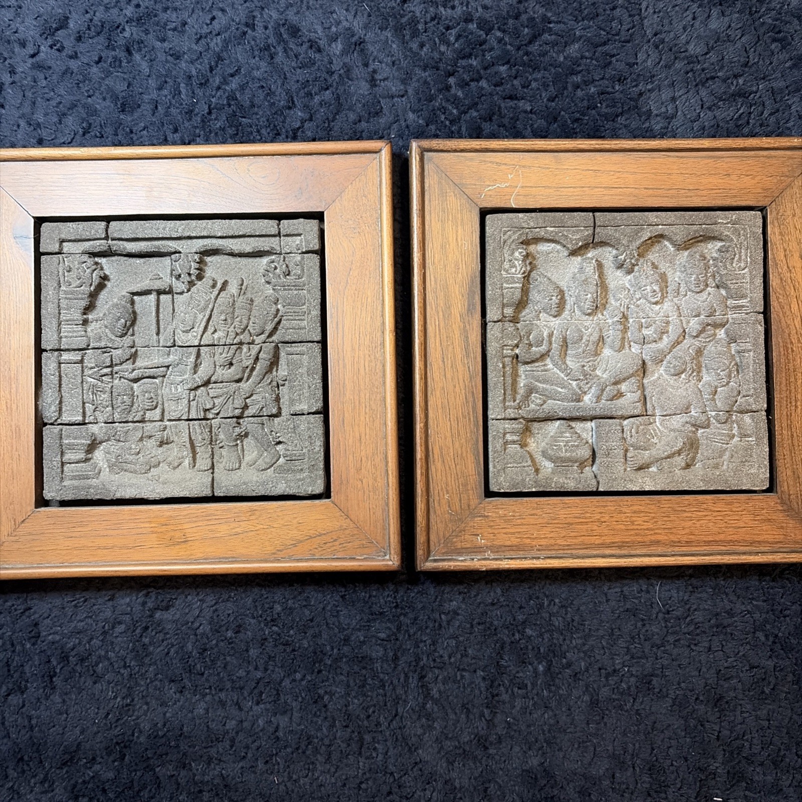 Pair Vintage Borobudur Temple Volcanic Stone Relief Panels Framed Javanese Art