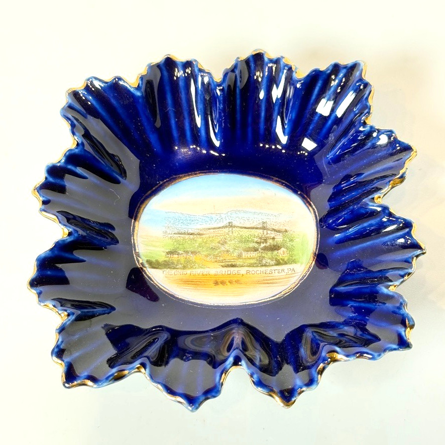 ROCHESTER PA - OHIO RIVER BRIDGE - Souvenir Porcelain Cobalt Trinket DISH PLATE