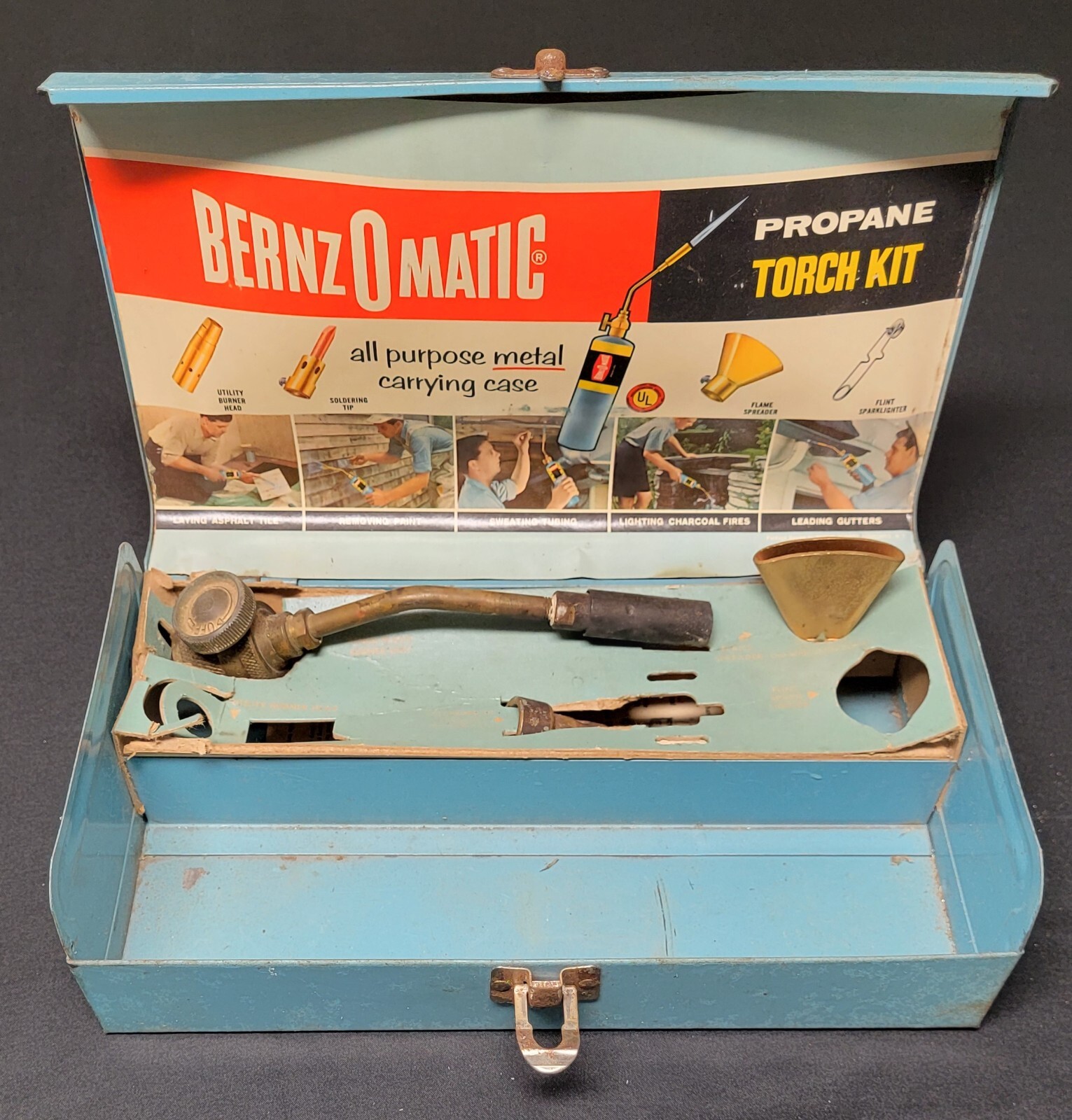 Vintage BernzOMatic Metal Blue Propane Torch Burn Kit Tin Carrying Case Tool Box