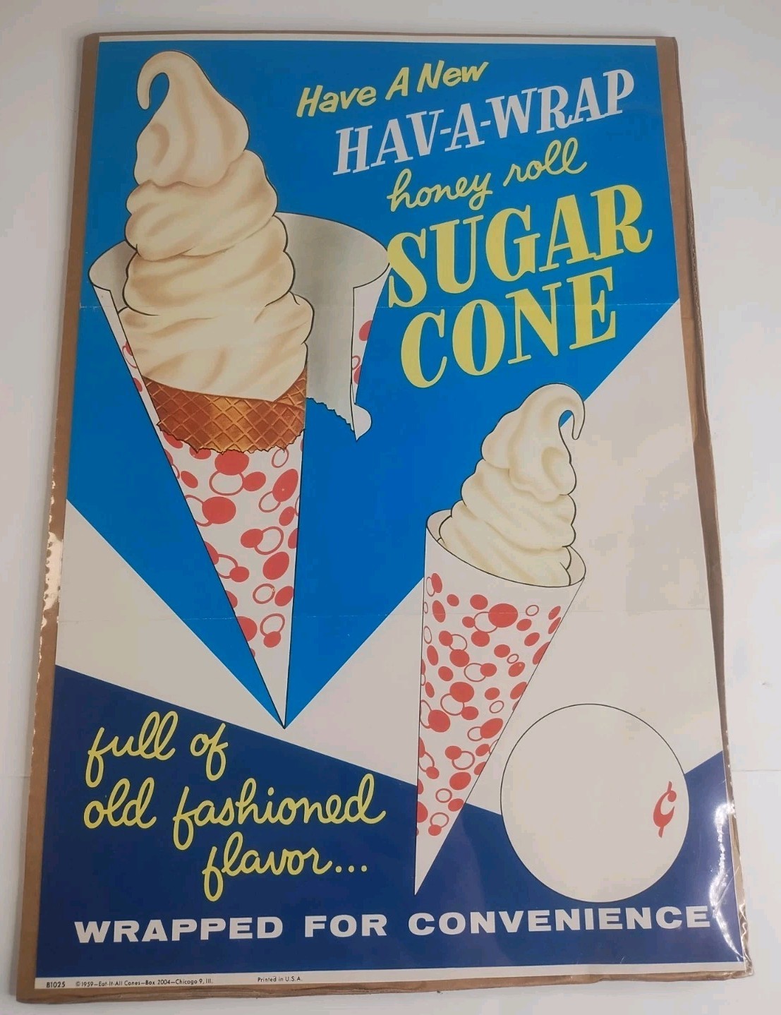 Vintage 1959 Eat-It-All Ice Cream Cone Sign Chicago Hava-Wrap Soda Fountain 