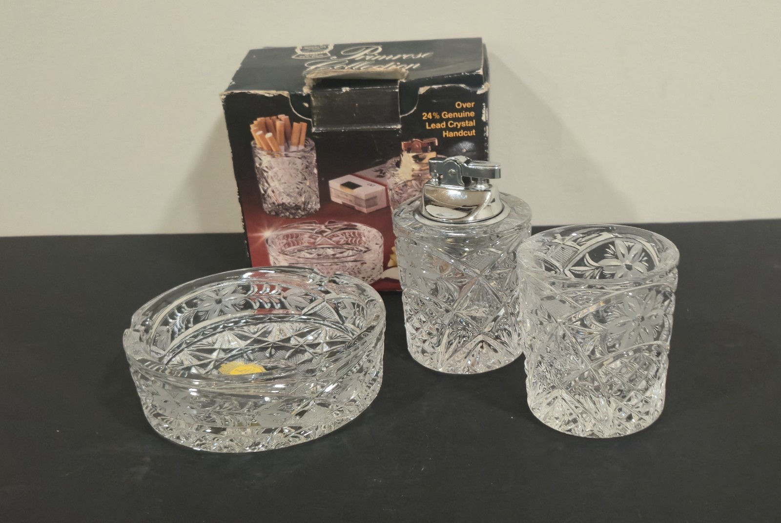 Vintage Imperlux 24% Lead Crystal Smoking Set Ashtray Lighter Holder Box
