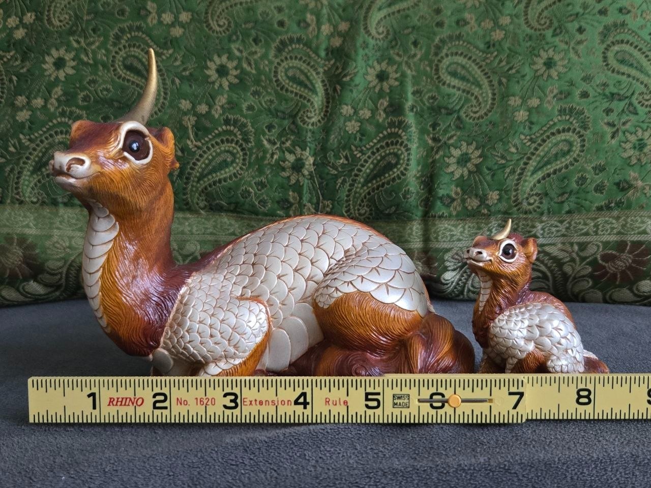 Vintage Mother Ki-Rin and Baby Ki-Rin Fantasy Sculptures designed by Melody Peña