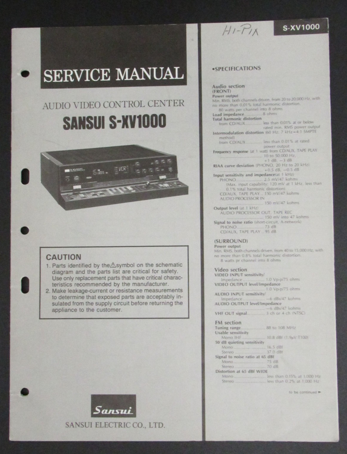 Sansui S-XV1000 SXV1000  A V CONTROL CENTER Original Service Repair Manual