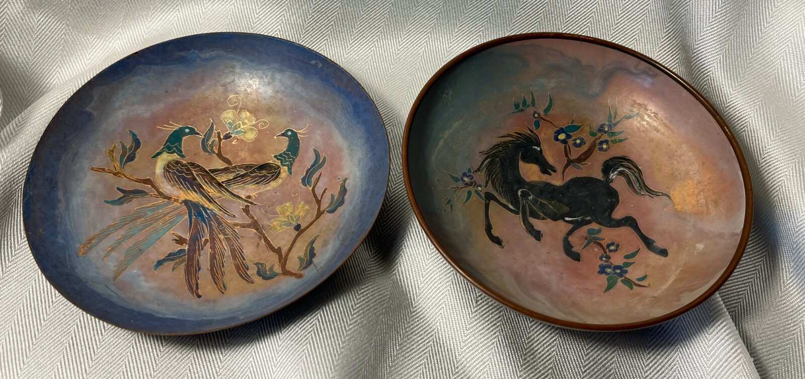 2 Enameled Mid-century Modern Copper Bowls Sagitta Holland - Horse, Exotic Birds