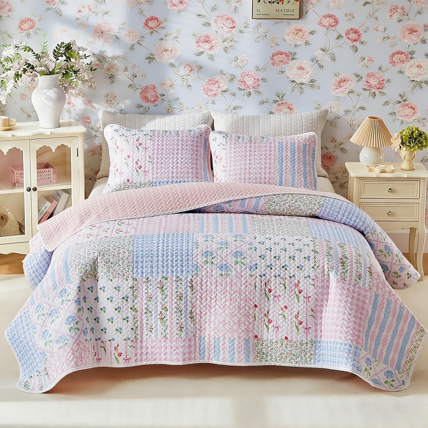 Joyreap Twin Floral Quilt Set, Blue Pink Plaid, Lightweight, 68x88\