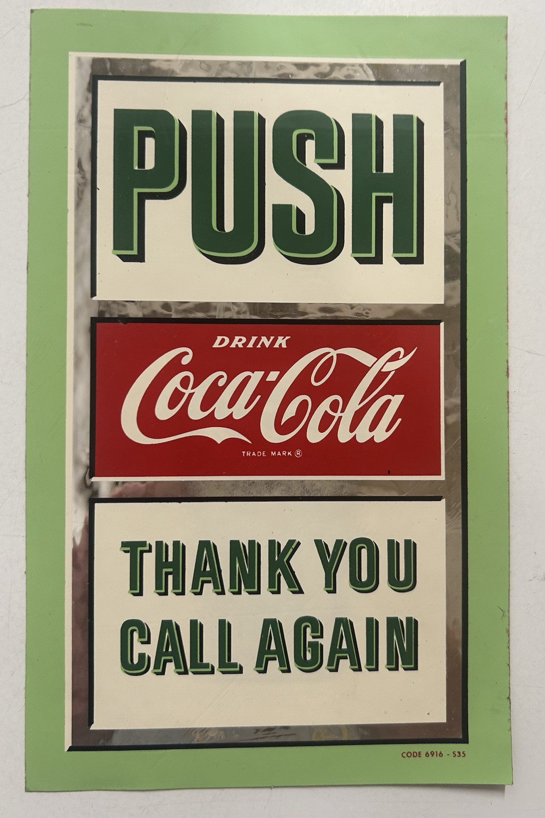 Vintage 1960’s Original Coca-Cola Door Push Decal w Pull & Glass on Reverse NOS