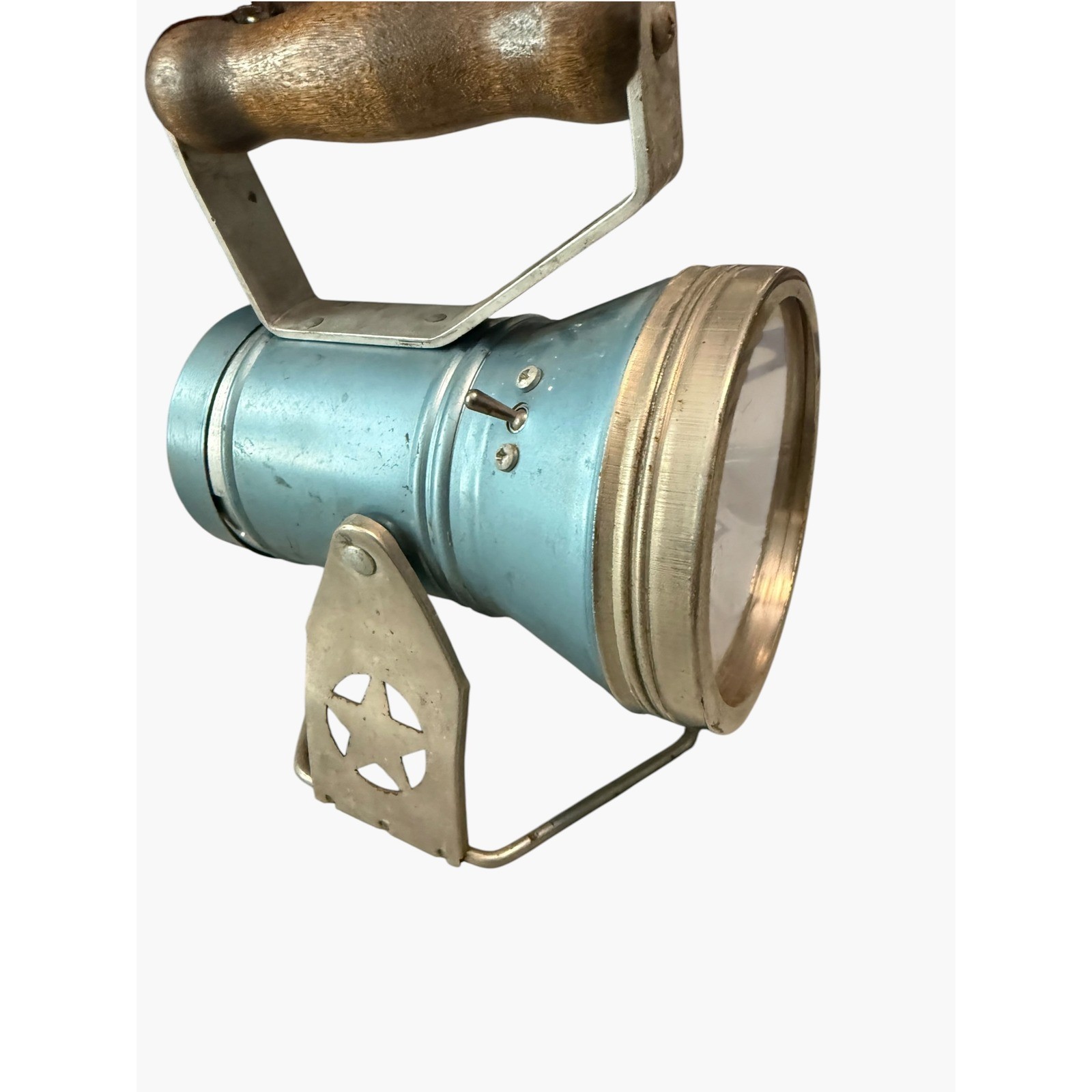 Vintage Industrial Handheld Spotlight Lantern Blue Wood Handle Star Base Stand Vintage Industrial Handheld Spotlight Lantern Blue Wood Handle Star Base Stand