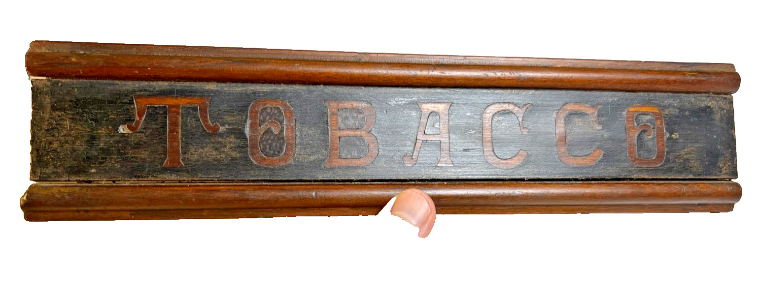 Antique Victorian Inlaid Wood Wooden TOBACCO Sign Panel Salvage Tobacciana 1890