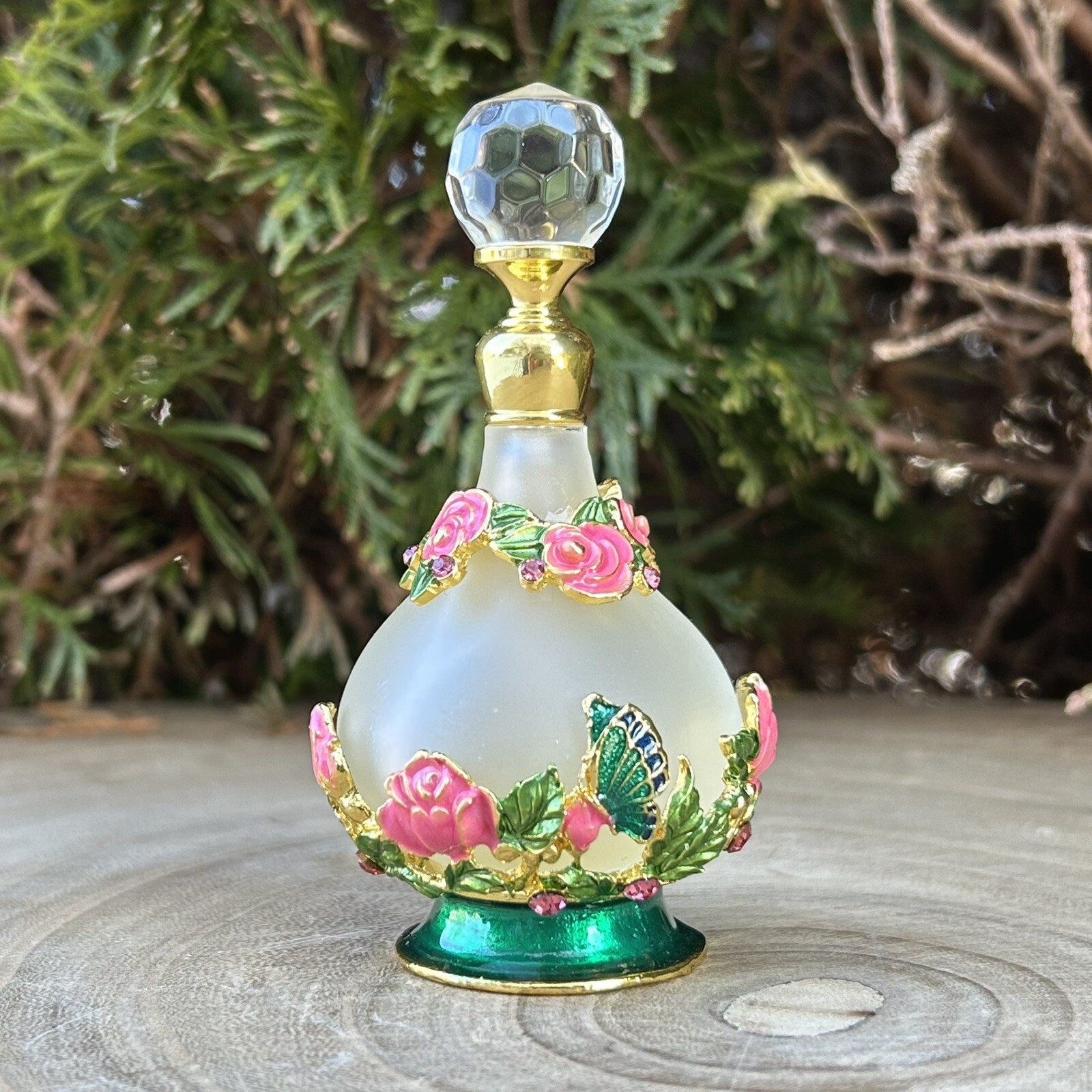 Rose Floral Vintage-Style Perfume Bottle 25mL Butterfly Green