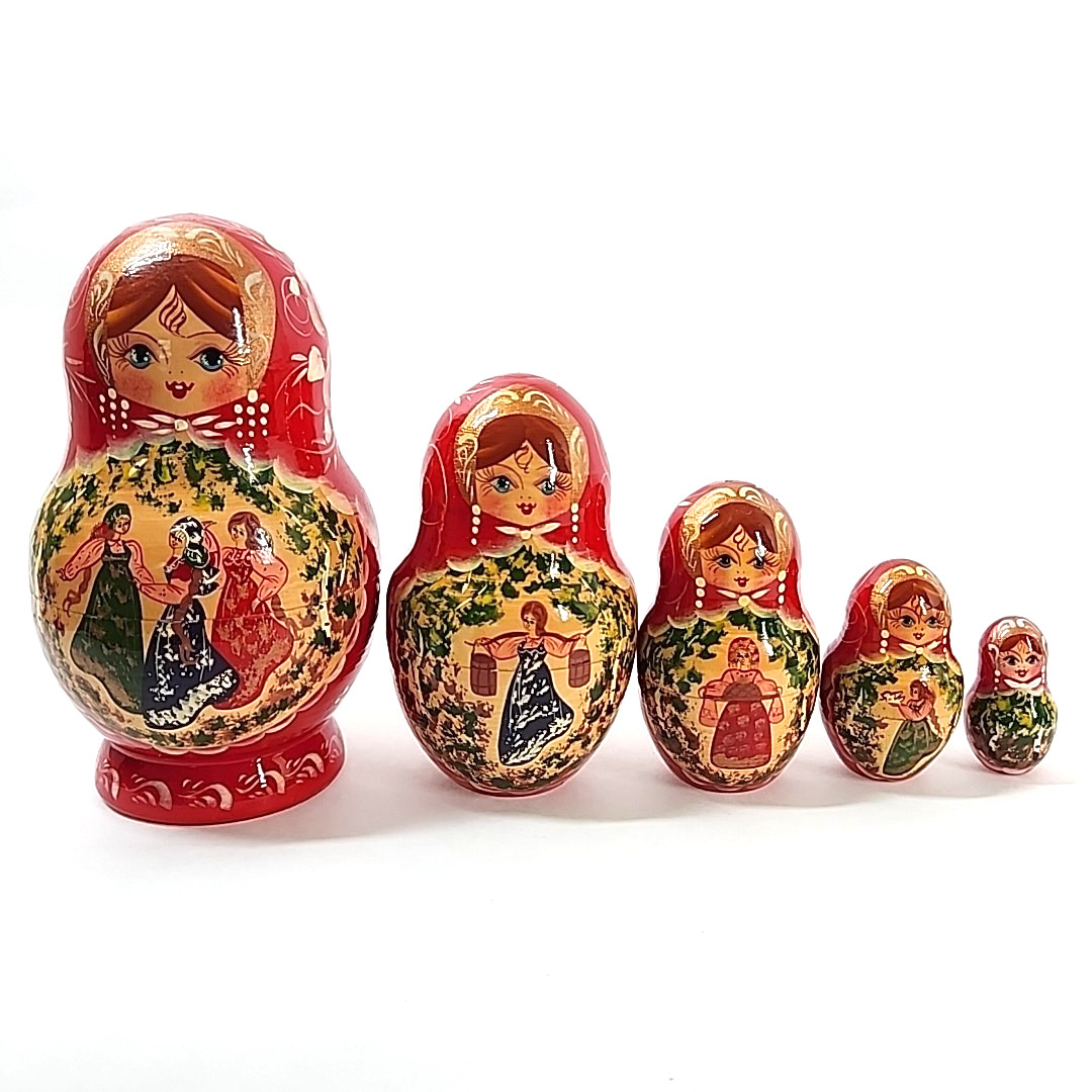 Vtg Russian Matryoshka Nesting Dolls Signed Hand Painted 5 Piece Dancers Flowers