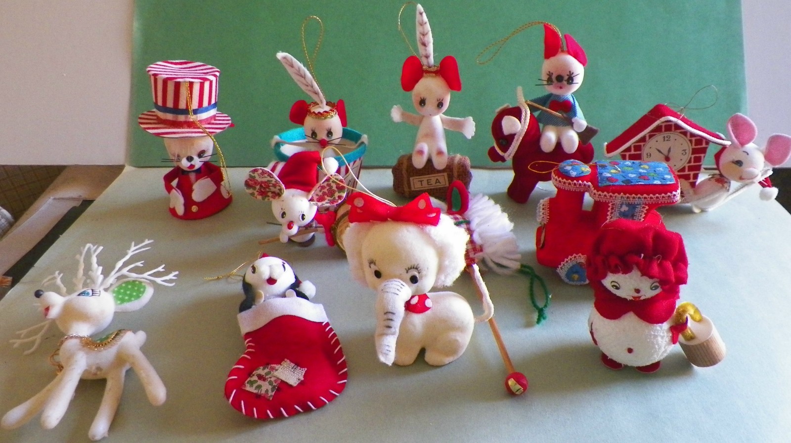 Vtg Kitsch Flocked Felt Christmas Ornaments Japan Elephant Reindeer Mice Lot 12