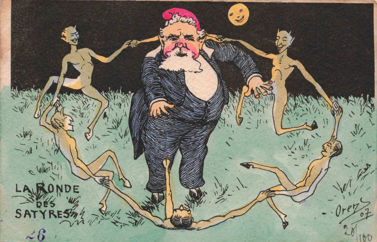 Caricature Dance of Satyrs Shows Fallieres 1907 French Satire Postcard