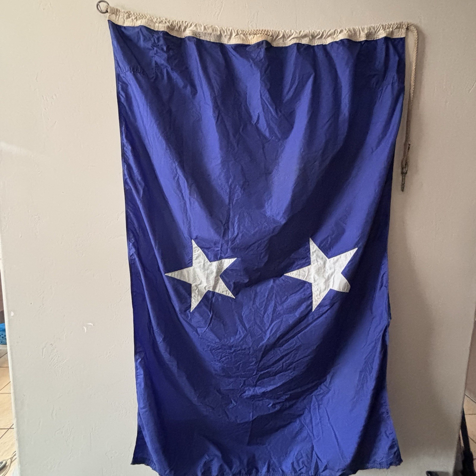 Vintage US Navy Rear Admiral 2-Star Flag Blue Nylon/Wool Seaman Rope L58”xW42.5”
