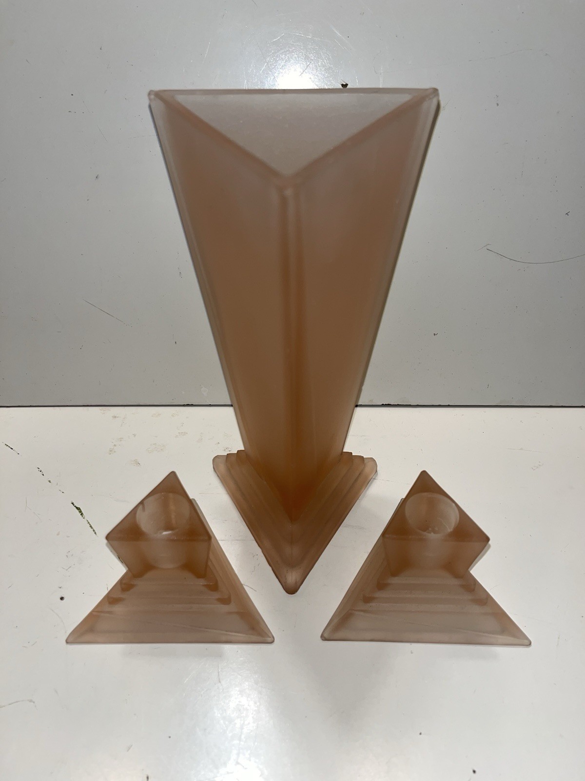 Vintage 1920’s New Martinsville Pink Satin Console Set: Vase And Candlesticks