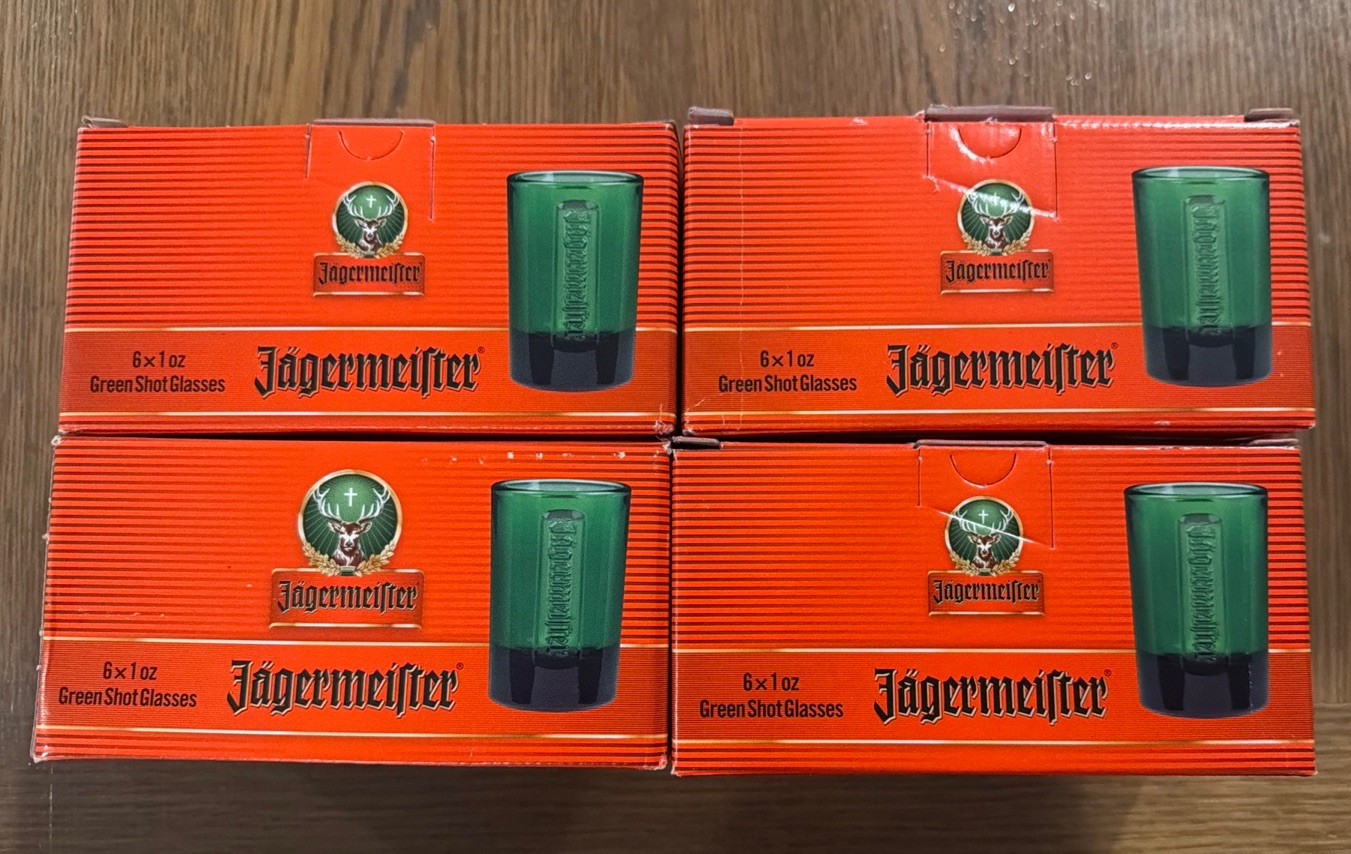 4 Box SET OF 6 Jagermeister green glass shot glasses embossed logo 24 Total New 4 Box SET OF 6 Jagermeister green glass shot glasses embossed logo 24 Total New