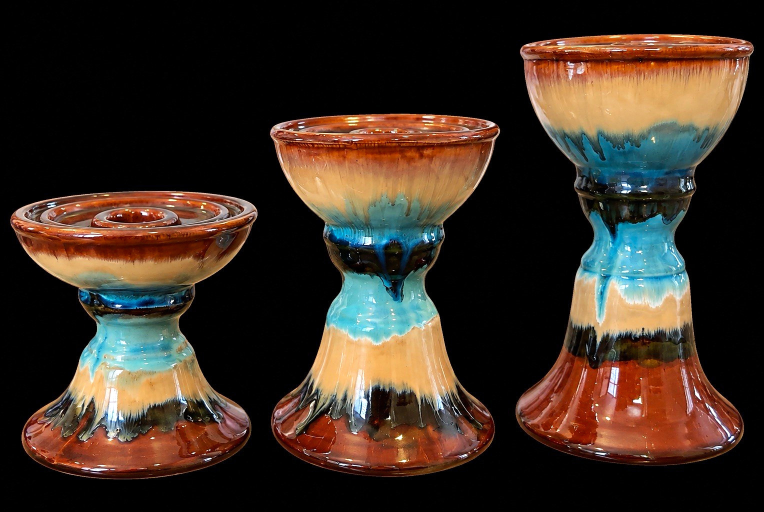 Set of 3 Glazed Ceramic Candle Holders Abstract Drip Glaze Brown Blue signed