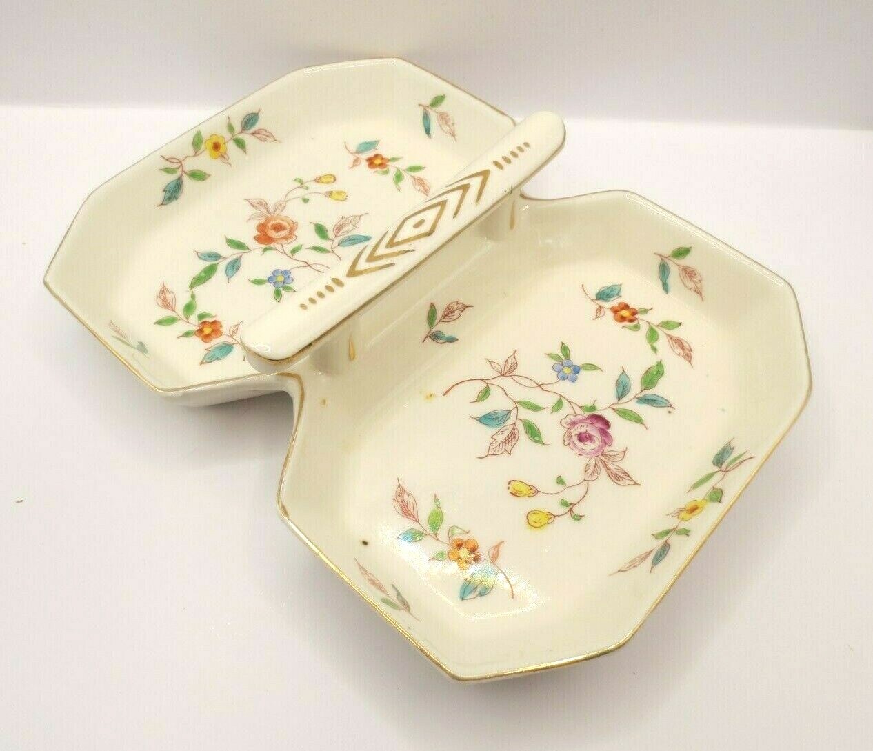 Vtg Ceramic Divided Relish Trinket Dish w/Handle - Hand Painted Floral Gold 