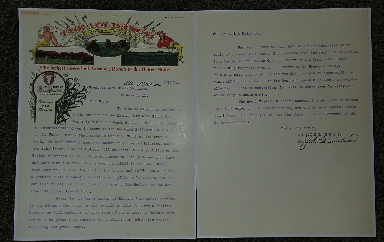 101 ranch copy of 2 page letter dated 5/10/1905 signed JC Miller