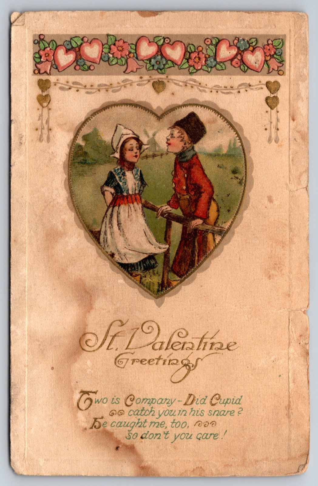 Postcard Vintage Valentine Heart Cupid Boy Girl Dutch Outfit Posted Early 1900s
