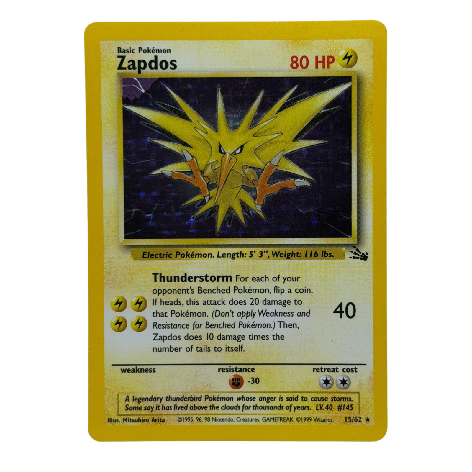 Pokemon TCG: 1999 Zapdos 15/62 Unlimited Holo Rare WOTC Vintage Fossil NM