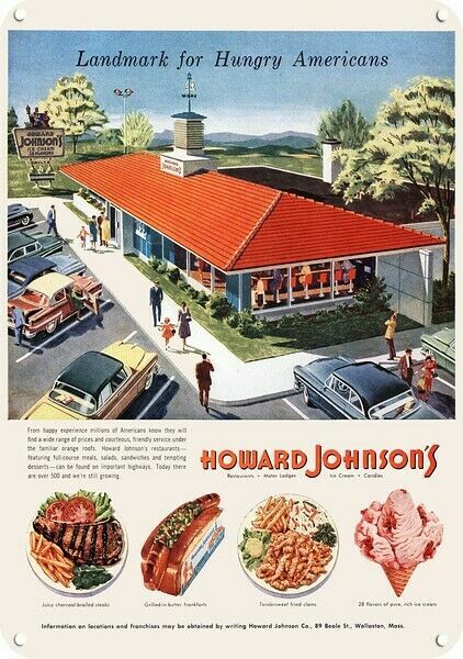 1955 HOWARD JOHNSON'S Restaurant Ice Cream & Motel DECORATIVE REPLICA METAL SIGN 1955 HOWARD JOHNSON'S Restaurant Ice Cream & Motel DECORATIVE REPLICA METAL SIGN