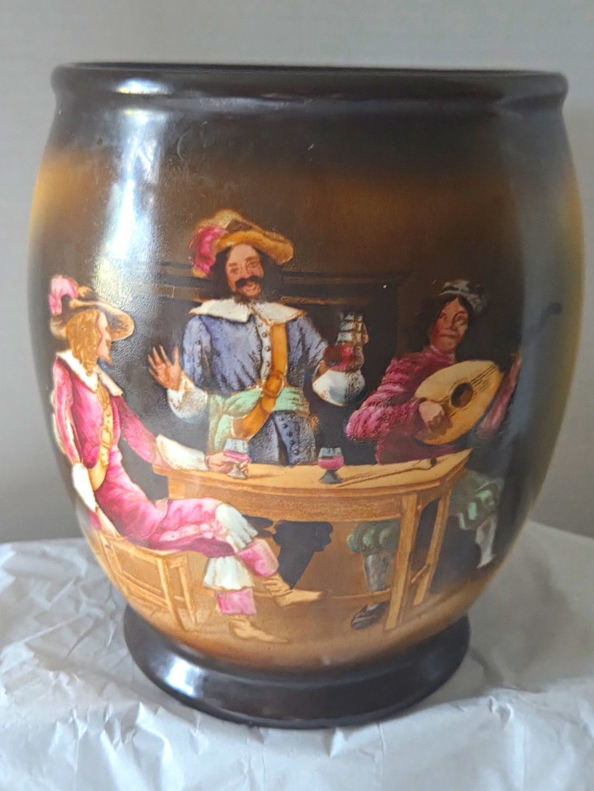 Erphila Art Pottery Czechoslovakia Round Jar Painted Scene Brown Gold 9in