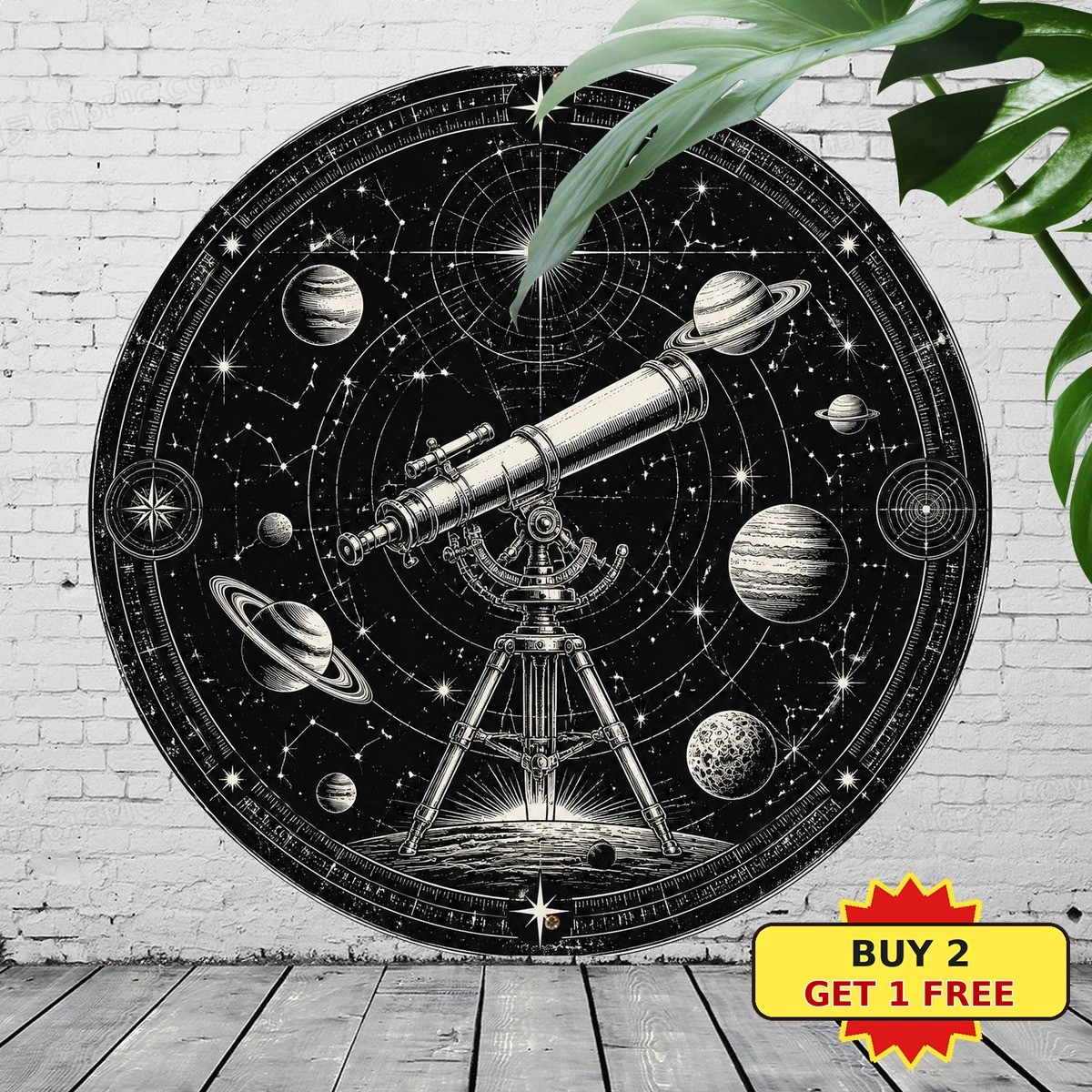 Astronomy Telescope Planets Stars Space Theme Round Metal Tin Sign 8x8