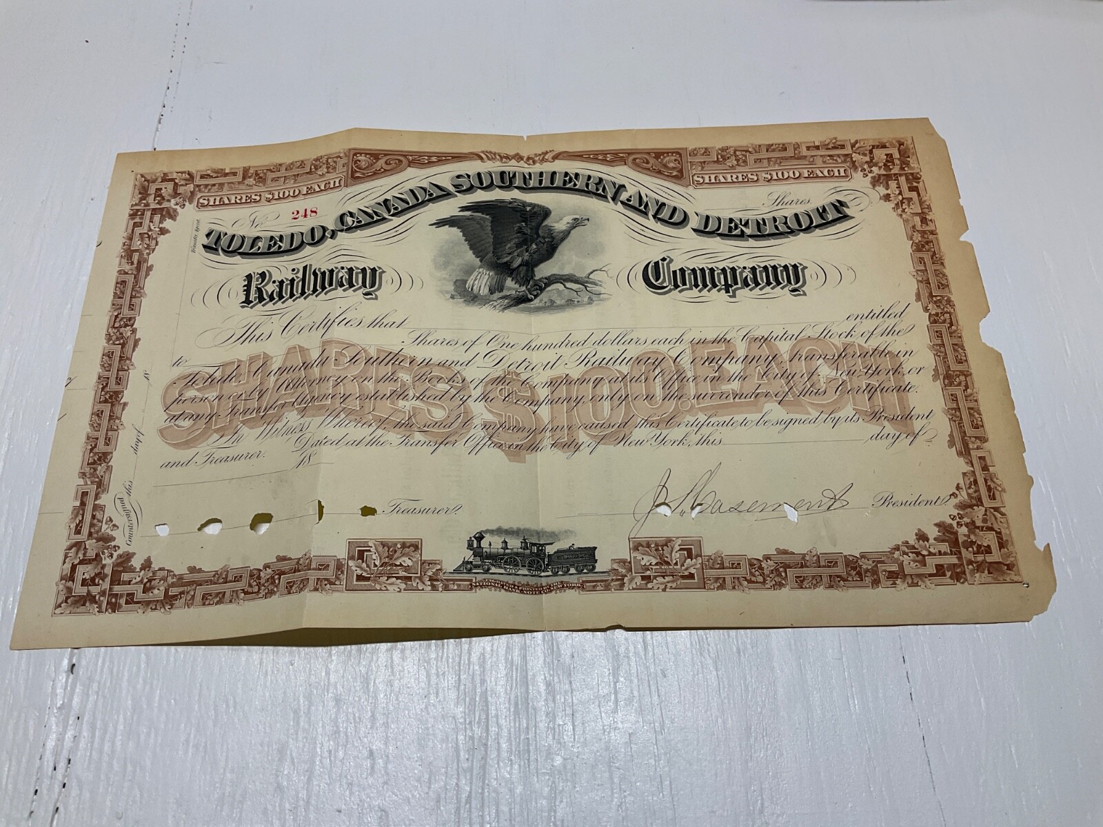CIVIL WAR RAILROAD GENERAL JACK CASEMENT SGN RR SHARE 1880’S UNUSED BLANK 1884