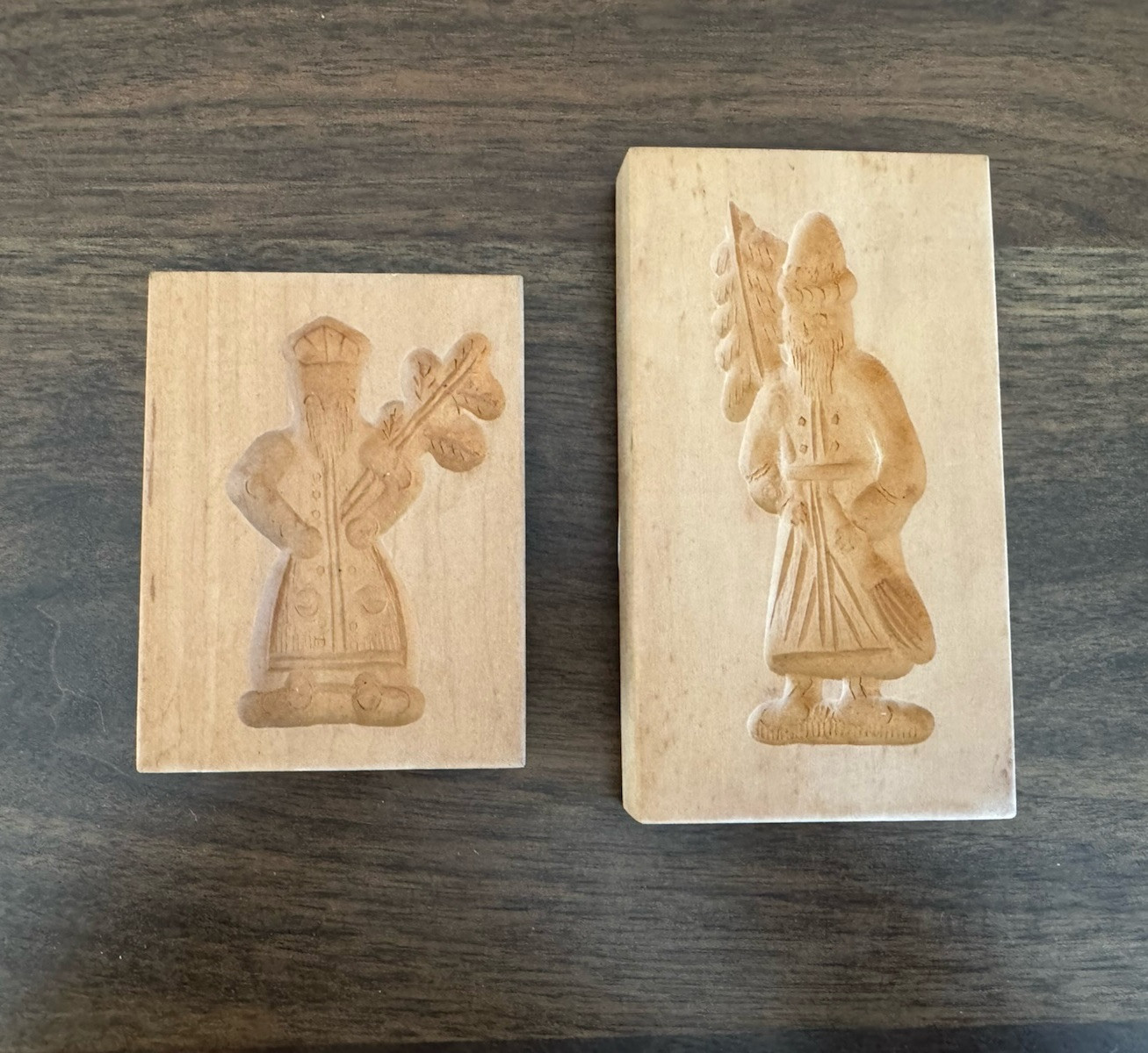 2 Vintage Carved Wood Butter Mold Cookie Stamp St Nick Folk Art Springerle