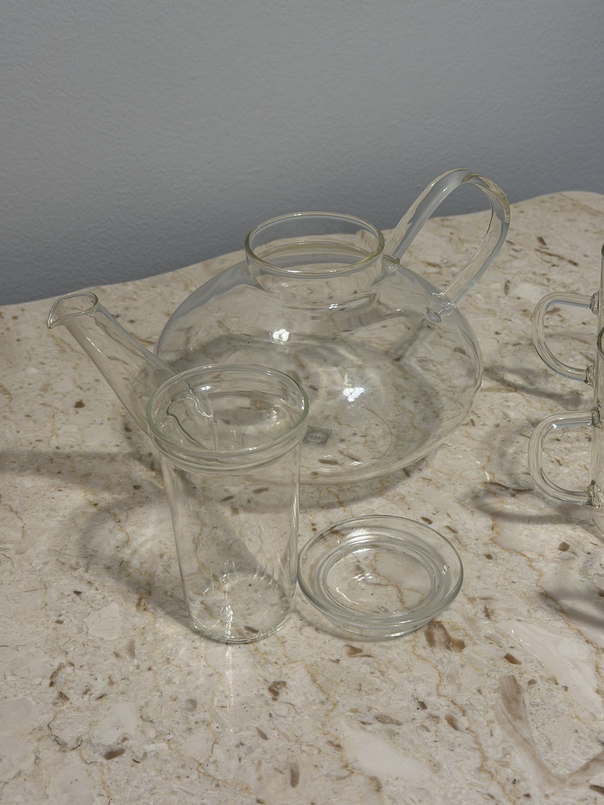 Vintage Schott Mainz CLEAR GLASS TEAPOT with Lid + 5 Cups Excellent Condition