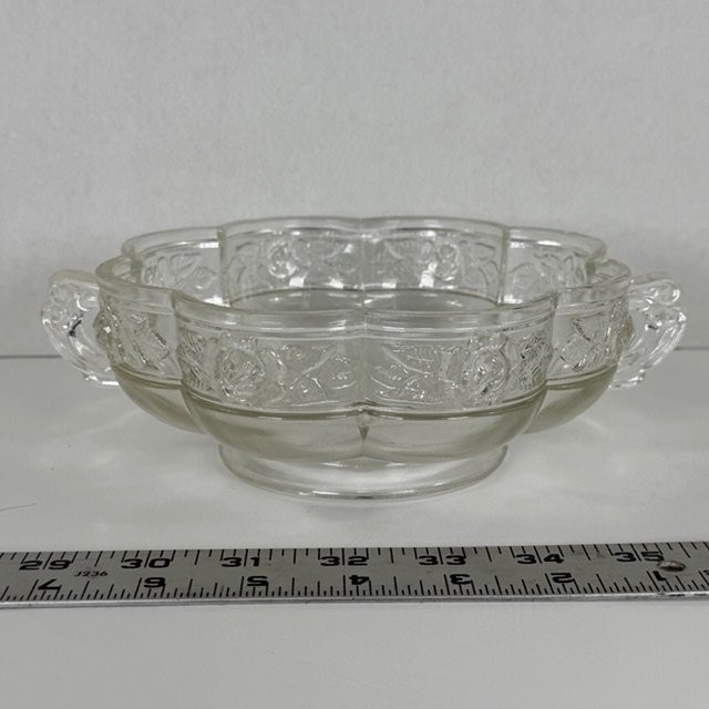 Clear Glass Handled Bowl Rose Floral Pattern Scalloped Dish