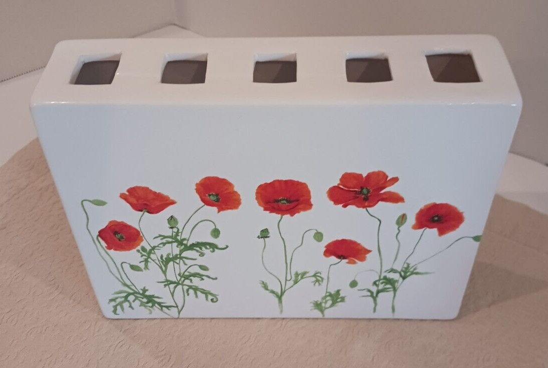 White Porcelain 5 Hole Rectangular Vase w/Vibrant Poppy Design
