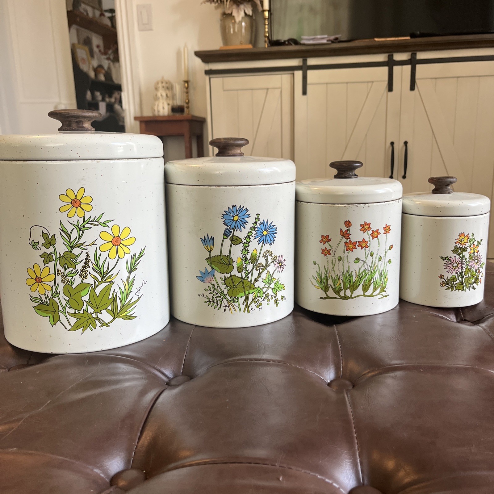Vintage Rare 70s Ransburg Metal MCM Canister Set Wild Flowers USA Grandmacore