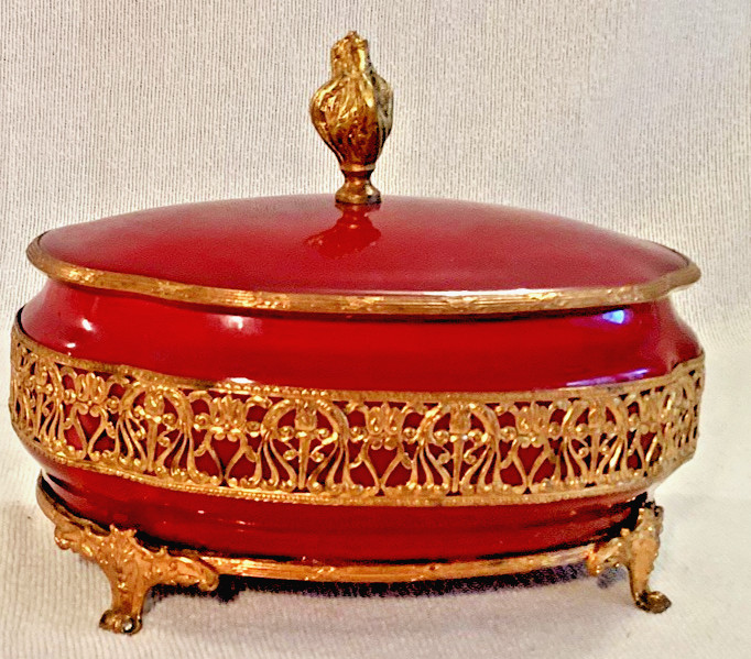 Antique 19th / Early 20th Century French Oxblood Red Opaline Glass Jewelry Box