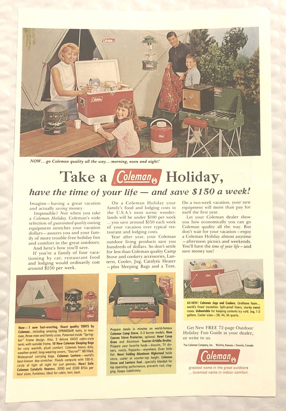 1966 Coleman Original Print Ad Full Page - Take A Coleman Holiday. Vintage