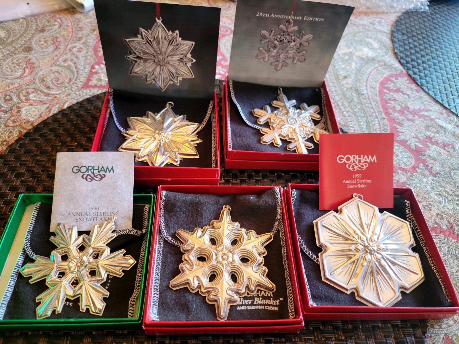 1990 1991 1992 1993 & 1994 Gorham Sterling Silver Snowflake Ornaments