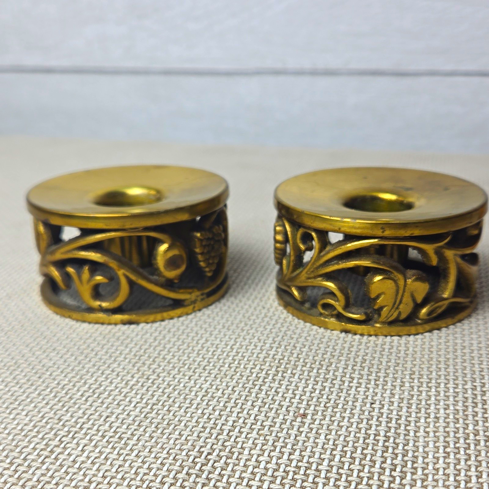 VtG Hollywood Regency Brass Taper Candle Holders Set 2 Low Filigree MCM 2.25\